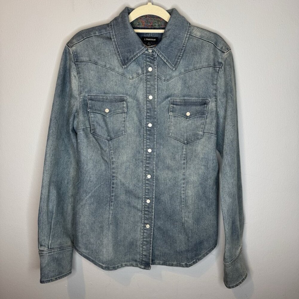 J Peterman Denim Jacket 6 Pearl Snap Long Sleeve